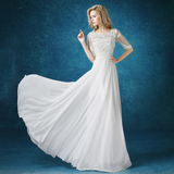 白色晚礼服2016新款春修身长款宴会晚装中袖女主持人礼服年会长裙