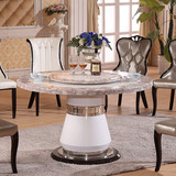 大理石餐桌圆桌带转盘韩式白色大理石餐桌椅组合天然石实木皮椅