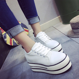 内增高小白鞋女真皮夏季韩版10CM超高跟松糕底厚底系带白色帆布鞋