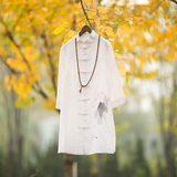 棉麻记原创民族风中式服装盘扣七分袖衬衫手绘荷花艺术佛笑缘