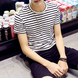 夏季男士圆领短袖T恤青年修身条纹男装休闲衣服韩版体恤打底衫潮