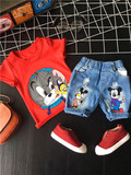 2016夏新儿童猫和老鼠T恤纯棉短袖配米奇牛仔中裤帅男女宝宝童装