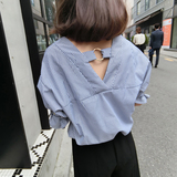 2016夏装新款韩版宽松V领竖条纹衬衫短袖露背镂空学生衬衣上衣女