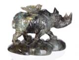【广州矿商】124mm天然拉长石月光石犀牛和鸟雕刻摆件工艺品收藏