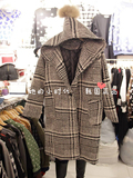 韩国东大门代购2015春装新款女千鸟格毛球毛呢外套长款连帽呢大衣