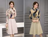 2016新款女装春装潮 韩版长袖印花两件套A字连衣裙中长款时尚套装