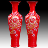 景德镇陶瓷落地大花瓶花开富贵牡丹中国红68cm 1.2-1.6米客厅摆件