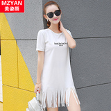 夏装新款韩版少女修身显瘦短袖T恤中长款打底衫中学生流苏上衣潮