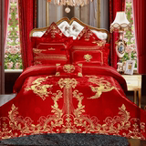 大红色贡缎新婚六件套婚庆四件套床品套件龙凤刺绣十件套