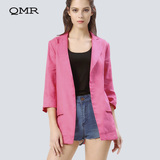 QMR中长款纯色亚麻西服女2016春夏新款简约修身七分袖职业装外套