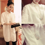 2015夏秋装寸衫女韩版学生上衣清新白衬衣中长款睡衣宽松长袖衬衫