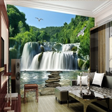 3D高清山水瀑布风景壁画客厅餐厅卧室沙发电视背景墙壁纸无缝墙纸