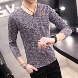秋季长袖T恤男青年韩版修身纯棉v领t恤夜店个性潮流纯色打底衫