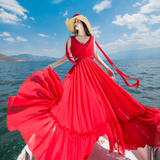 雪纺波西米亚沙滩裙海边度假性感露背大红色连衣裙无袖大摆长裙夏