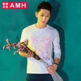 AMH男装韩版2016春装新款修身圆领字母花卉男士长袖T恤PM5090燊