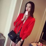 韩国订单纯色简约加厚宽松长袖兔绒针织衫女开衫毛衣短外套红色