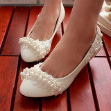 白色中跟单鞋 韩版新娘鞋蕾丝珍珠婚鞋结婚演出高跟平底伴娘鞋女