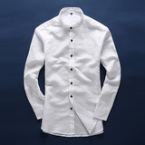 春季男士棉麻休闲长袖衬衫韩版修身小圆领亚麻薄款水洗纯白色衬衣