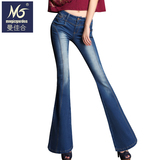 曼佳合2016夏季新款韩国高腰微喇牛仔裤女修身显瘦弹力微喇叭长裤