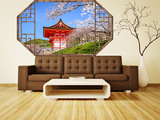 创意立体日式樱花树富士山风景假窗户贴画 中式古典式假窗户墙贴