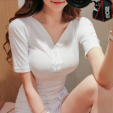 韩版新款修身显瘦纽扣V领性感低胸紧身打底衫上衣女装t恤短袖夏季