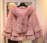 2015冬新款獭兔毛皮草中长款外套女式修身保暖兔绒狐狸领外套促销