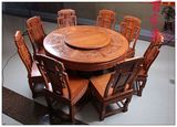 红木圆餐桌 花梨木餐桌 明清古典仿古红木家具雕花大圆桌带转盘
