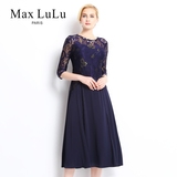 maxlulu2016秋季新款女装蕾丝拼接镂空高腰修身针织中长款a连衣裙