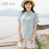 OPT2016夏装新款文艺娃娃领短袖格子衬衫女竖条纹衬衣外套潮R2021