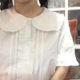 日系纯棉圆领娃娃领荷叶边白学生女文艺短袖直筒复古衬衫打底上衣