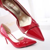时尚10CM 婚鞋红色高跟鞋性感单根漆皮亮面镂空尖头半侧空女单鞋