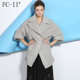fcii欧洲站2016新款毛呢外套女中长款茧形羊毛大衣西装翻领九分袖