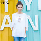 SHAV2016夏装新款韩版时尚休闲圆领中长款超人印花短袖百搭t恤女