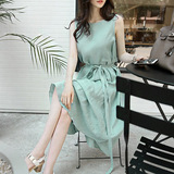 新款夏季韩版纯色棉麻长裙不规则单排扣连衣裙修身清新气质女神款