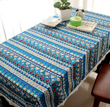 地中海桌布 布艺长方形条纹餐桌布蓝色茶几布台布亚麻民族风包邮