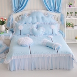 新款纯棉蕾丝公主床上用品三四件套蓝粉紫色家纺床单床裙公主田园