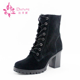 Daphne/达芙妮2015冬季新品 潮磨砂系带中粗跟女鞋短靴1015605042