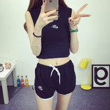 2016韩版紧身高腰露脐上衣女运动套装漏肚脐短款跑步短裤背心夏装
