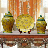 欧式宫廷复古奢华三件套陶瓷摆件 黄色家居饰品 新房样板房装饰品