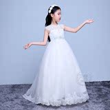 女童礼服拖尾生日公主裙儿童花童韩版婚纱白色钢琴表演演出中大童