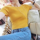 2016新款韩版修身套头短袖针织衫女圆领纯色半袖短款上衣女打底衫