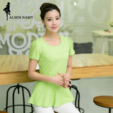 女t恤短袖夏新款蕾丝袖圆领中长款显瘦修身韩版简约T恤裙绿色棉混