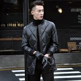 柏特·乔威新款韩版宽松型棒球领中长款真皮羽绒服男士皮衣大衣