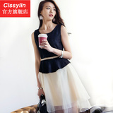 Cissylin2016夏韩版简约蕾丝纱裙连衣裙中长款无袖a字裙修身气质