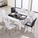 黑白欧式简约现代餐椅组合套装两面伸缩餐桌烤漆钢化玻璃圆餐桌台