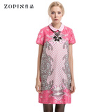 Zopin作品2015春装新品100%桑蚕丝印花A型修身连衣裙春季新款裙子