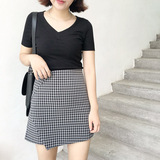 韩国东大门夏季新款不规则A字黑色格子半身裙修身显瘦高腰女短裙