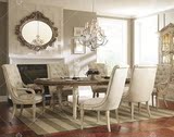 美式乡村实木雕花餐厅餐桌法式象牙白做旧椭圆饭桌欧式酒店6椅桌