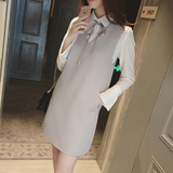 2016春装新款女装韩版纯色气质衬衣打底衫+修身V领连衣裙两件套潮