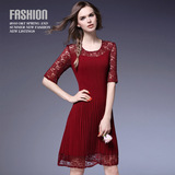 欧美时尚品牌女装春季新款名媛气质蕾丝拼接褶皱显瘦连衣裙60059